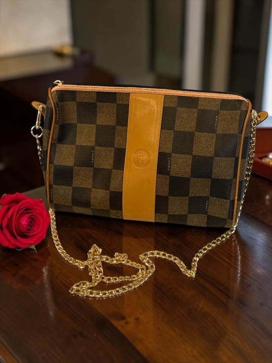 Fendi Handbags - Vintage Fendi Pequin Checker Crossbody / Shoulder Blag Brown Zucca PVC Chain Bag
